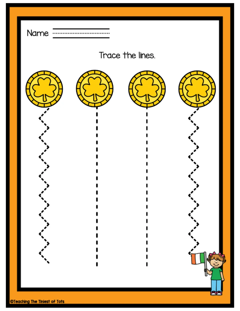 Tracing practice sheet featuring two zigzag paths and two straight dashed paths beneath four coins