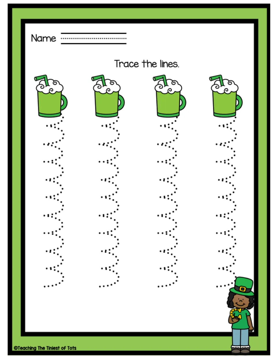 Tracing practice sheet featuring four scalloped dotted paths beneath mugs and 'Trace the lines'