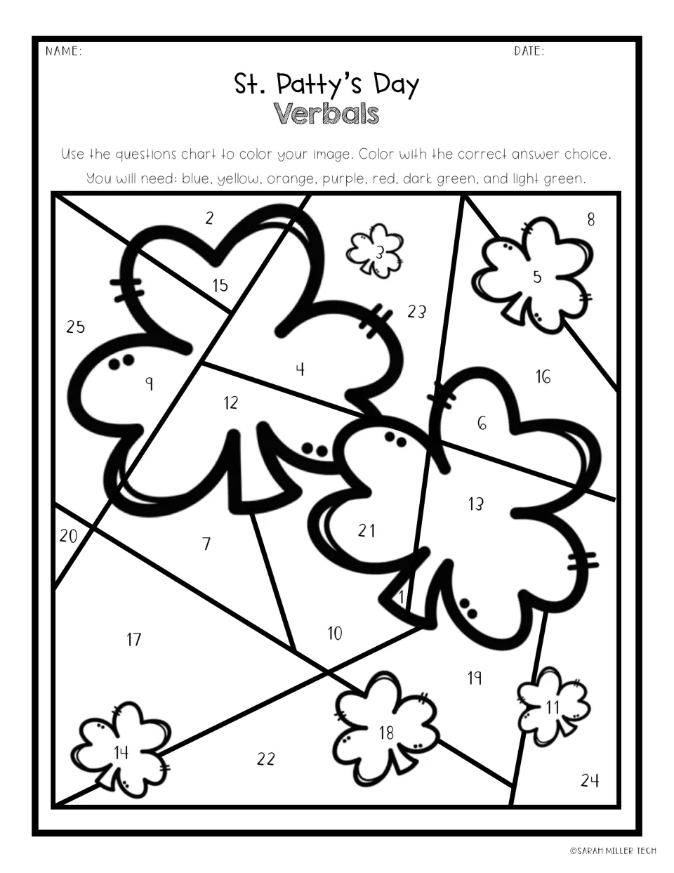 St. Patty's Day Verbals color-by-answer picture: students color 25 numbered shamrock sections by answer