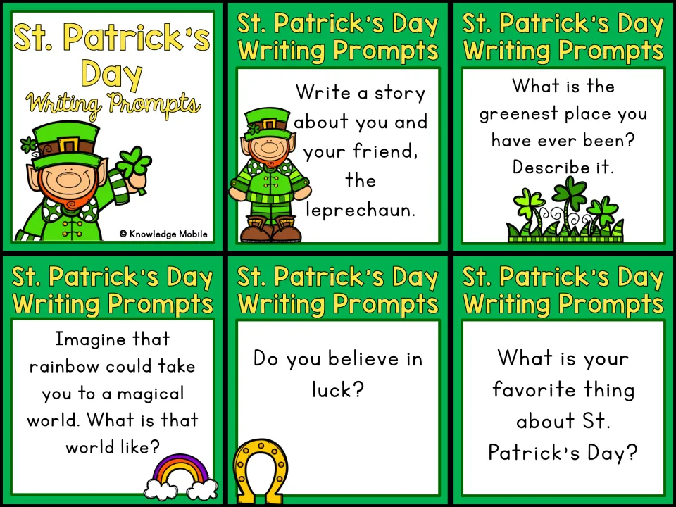 Title card and prompts 1–5: a story with a leprechaun friend, the greenest place, a rainbow world and 2 more