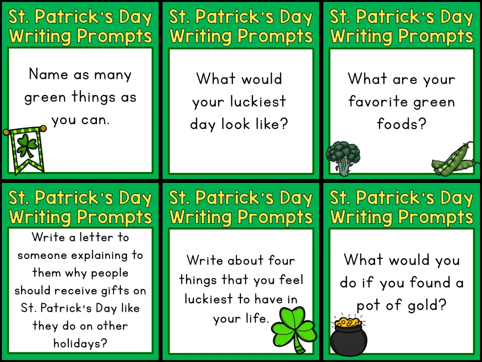 Prompt cards 6–11: name green things, your luckiest day, favorite green foods, a gift letter and 2 more