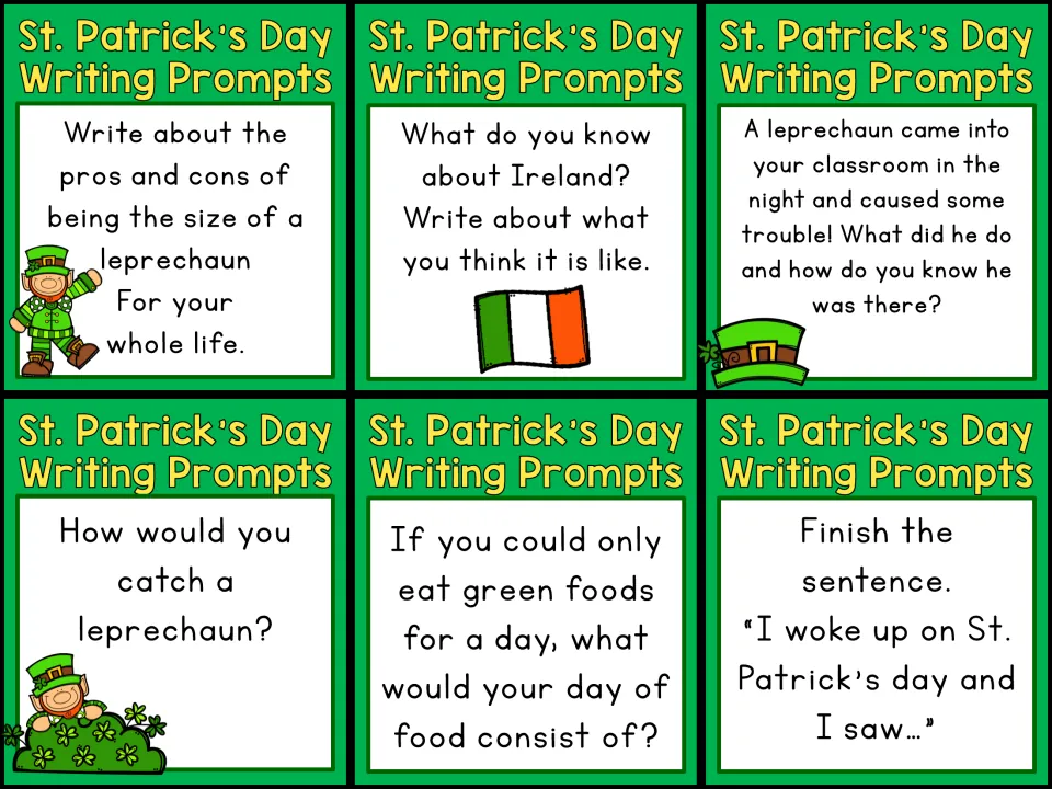Prompt cards 12–17: being leprechaun-sized, Ireland, classroom leprechaun, catching one, green foods, 'I woke up…'
