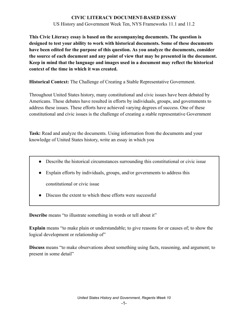 Essay directions on creating a stable representative government: describe context, explain efforts, assess success
