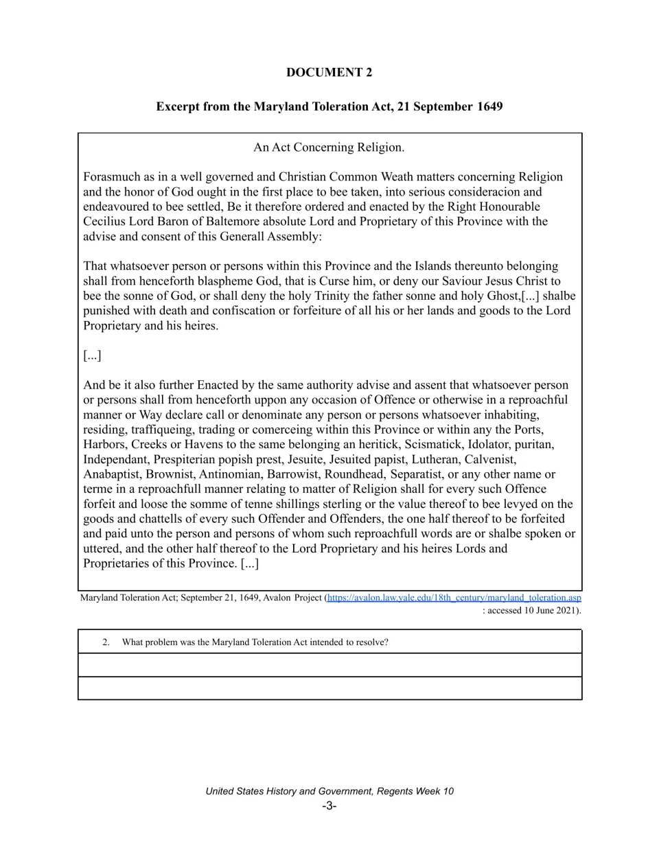 Document 2: Maryland Toleration Act excerpt on religion, asking what problem the act was intended to resolve