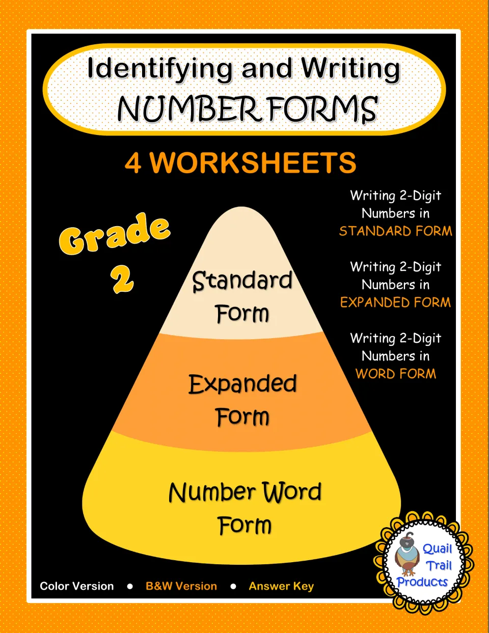 Identifying and Writing Number Forms cover: 4 worksheets on writing 2-digit numbers in standard, expanded and word form