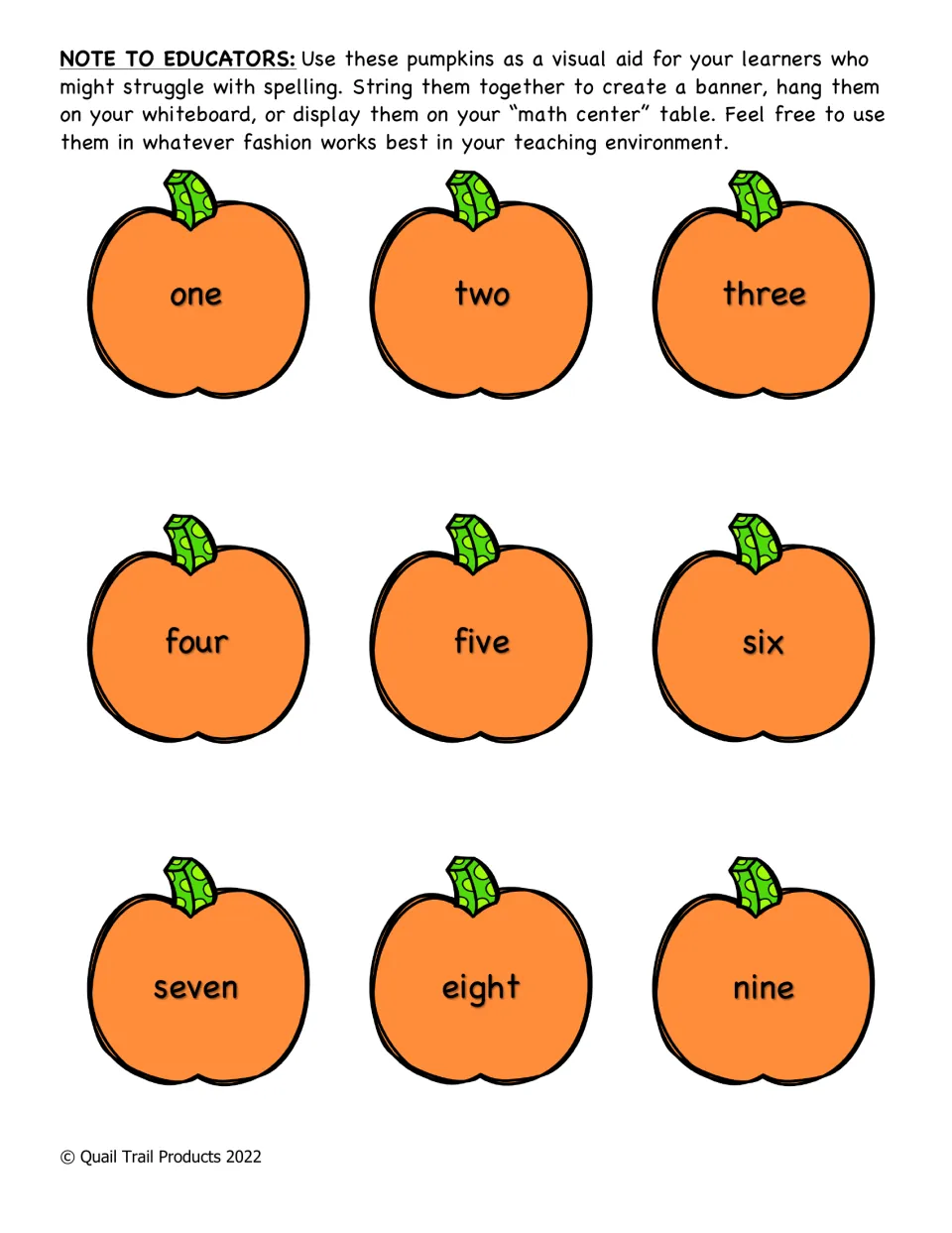 Number word spelling aid: orange pumpkins labeled one through nine to string as a banner or display at a math center