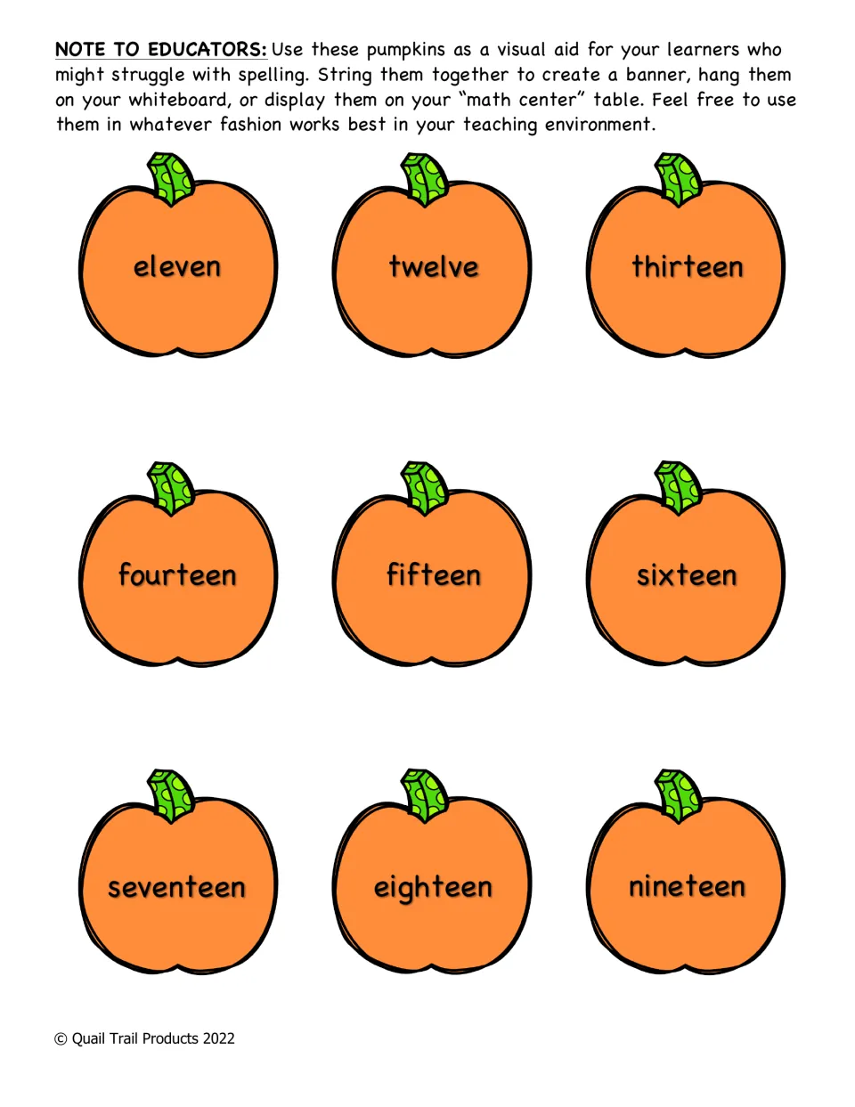 Teen number word pumpkins labeled eleven through nineteen, a spelling reference for writing numbers in word form