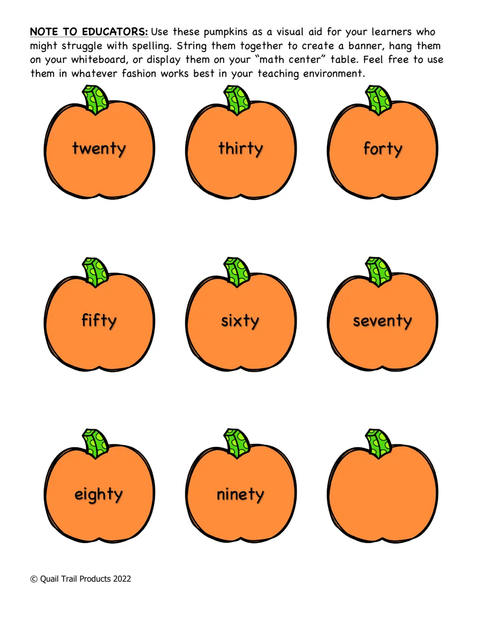 Tens number word pumpkins: twenty, thirty, forty, fifty, sixty, seventy, eighty and ninety, plus one blank pumpkin