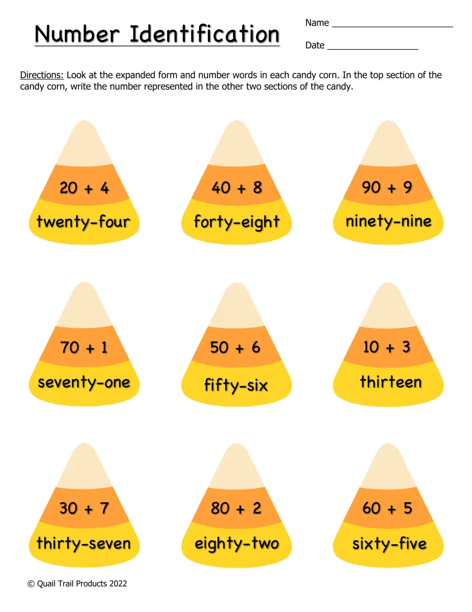 Number Identification: students write the number for 9 candy corns shown in expanded form and number words