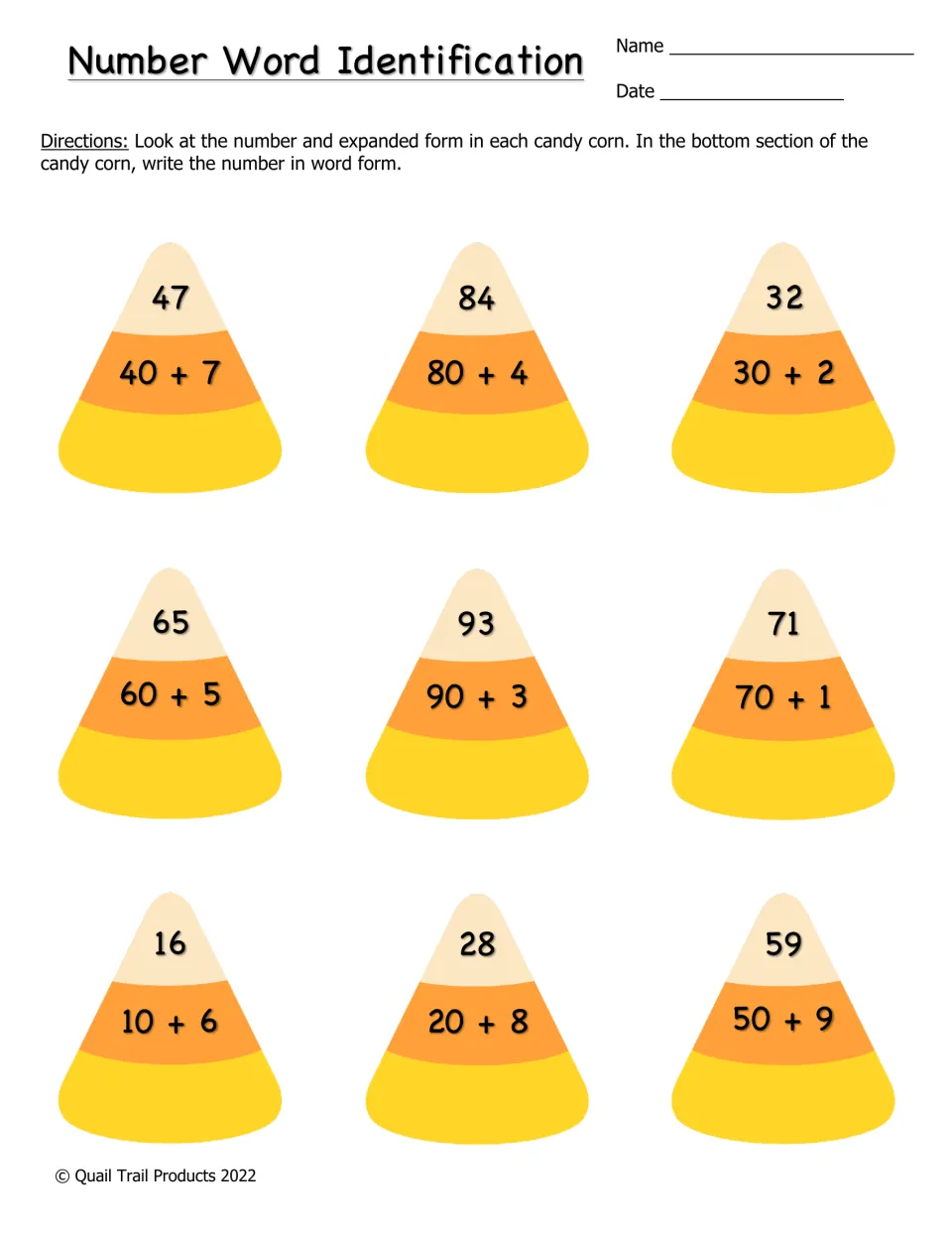Number Word Identification: students write the number word for 9 candy corns given as a number and expanded form