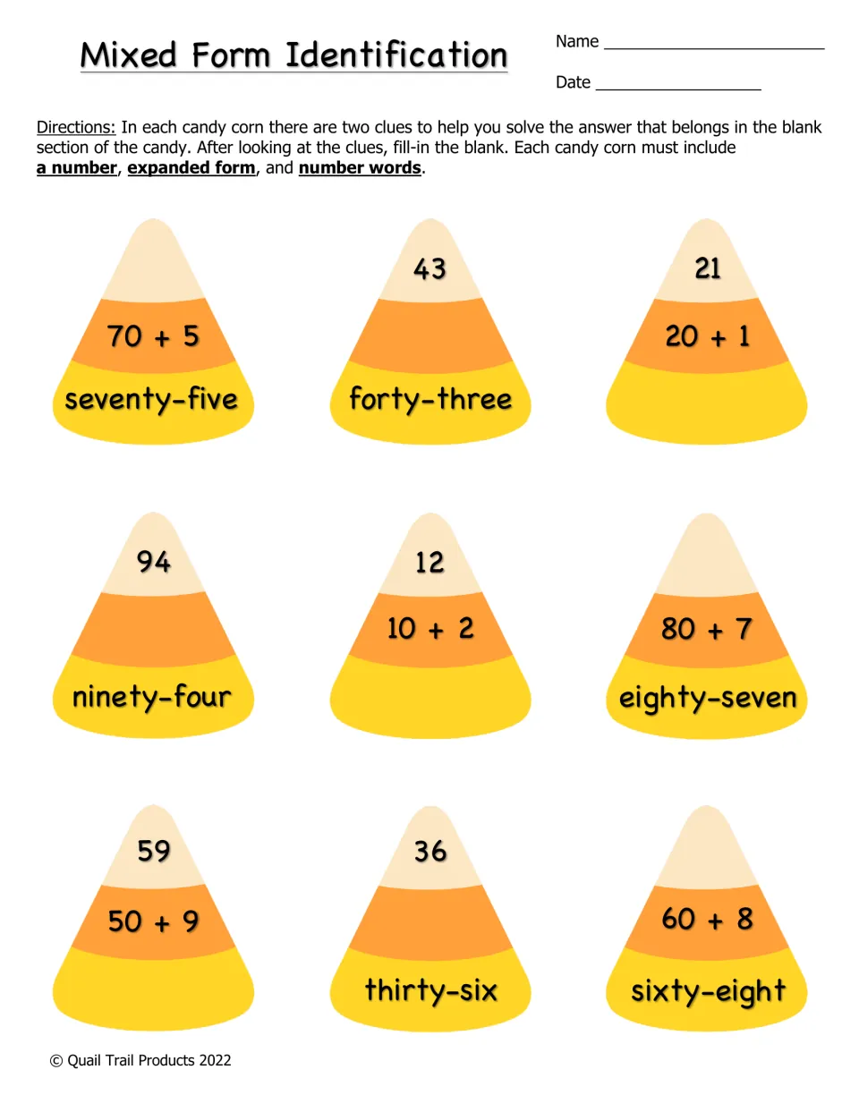 Mixed Form Identification: students use two clues on each of 9 candy corns to fill in the missing number form
