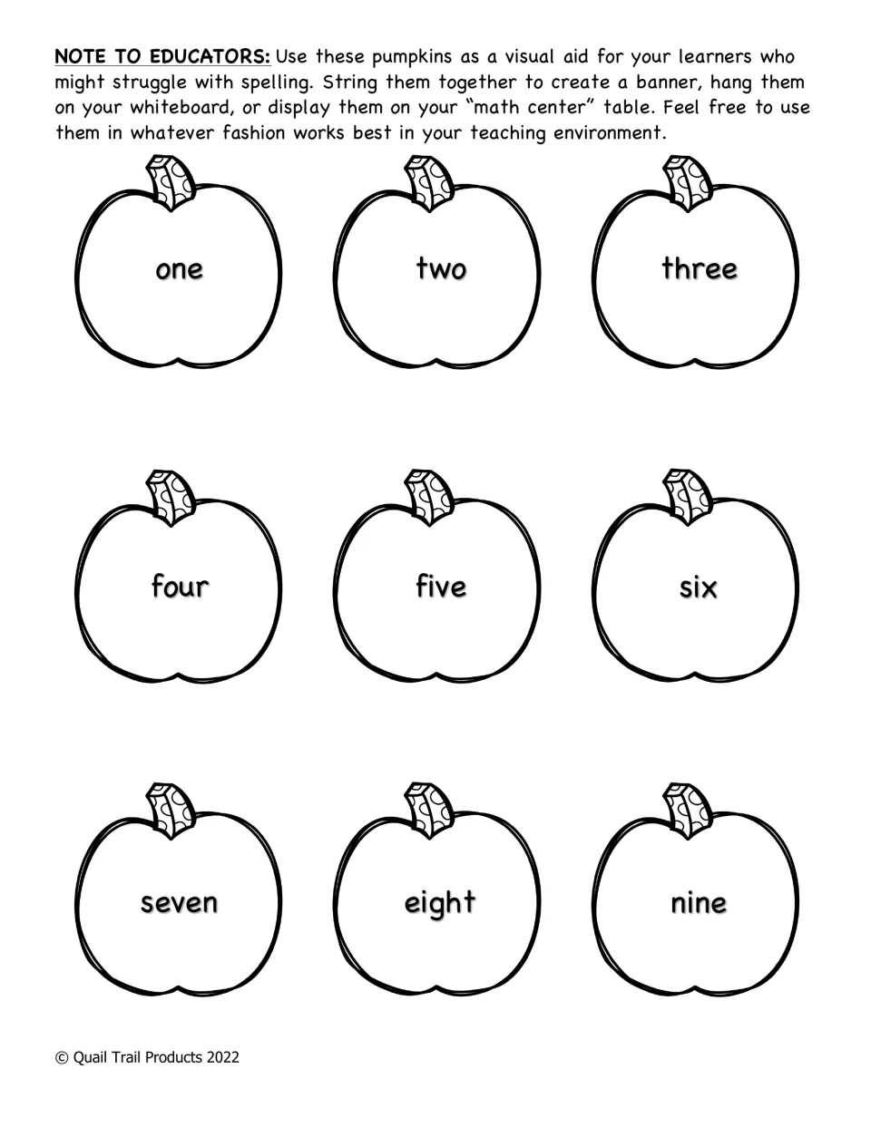 Black and white number word pumpkins labeled one through nine, an outline copy of the spelling aid