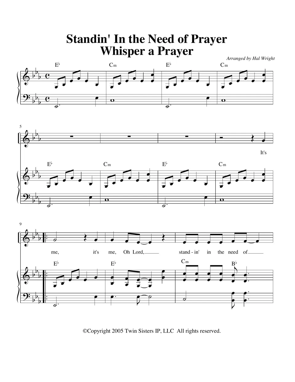 Standin' in the Need of Prayer medley opening in E-flat: piano intro on Eb and Cm chords, then vocal entry "It's me"