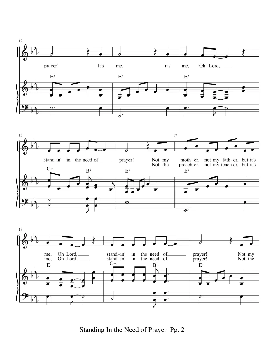Measures 12-20: "It's me, Oh Lord" refrain, then two stacked verse lines on mother/father and preacher/teacher