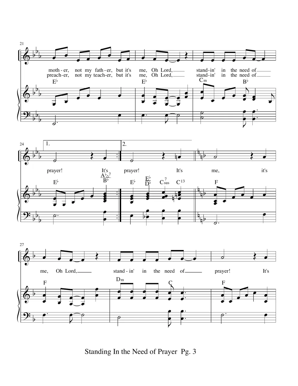 Measures 21-29 with first and second endings, then a key change from E-flat to F major as the "It's me" refrain returns