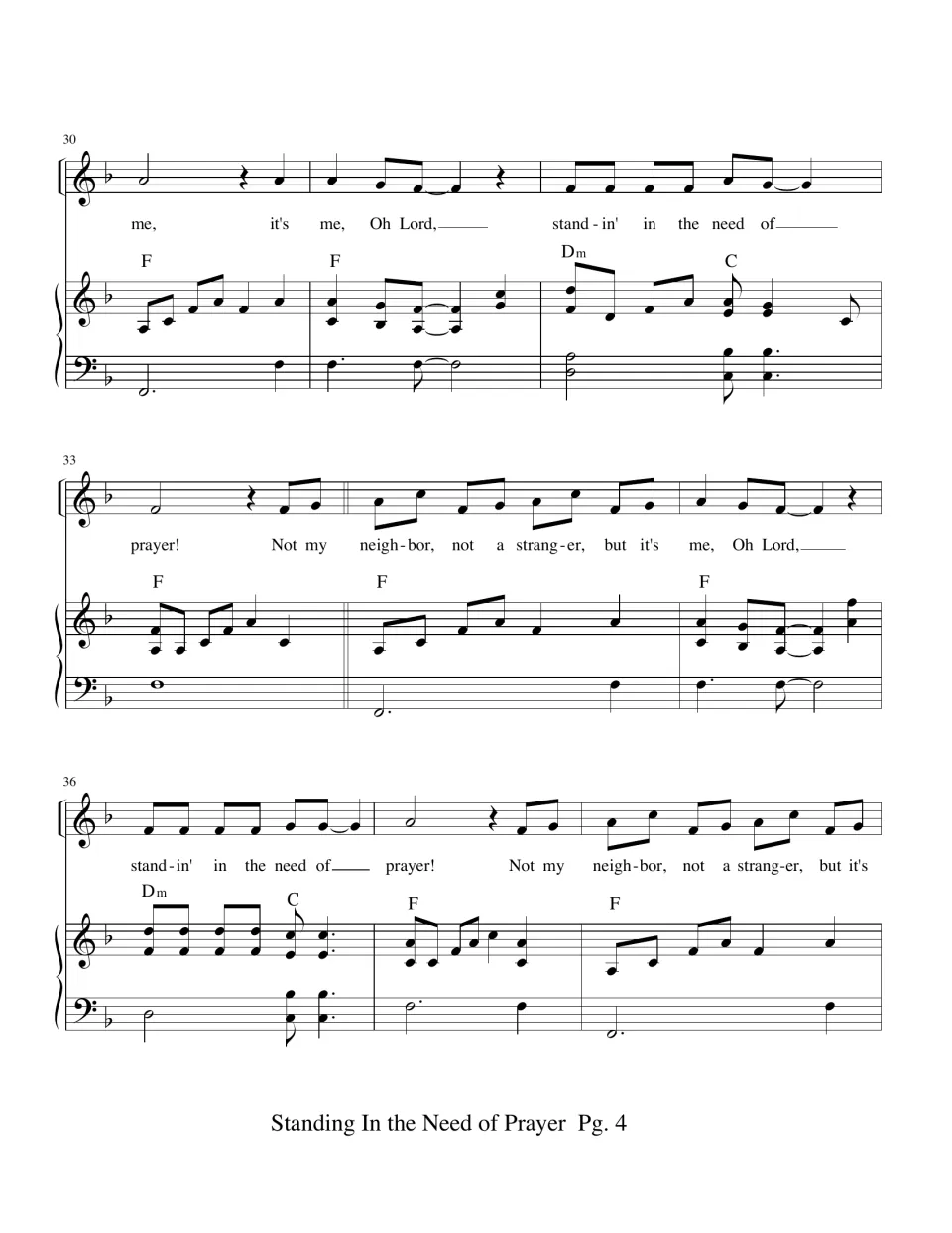 Measures 30-38 in F major: refrain "standin' in the need of prayer" and verse "Not my neighbor, not a stranger"