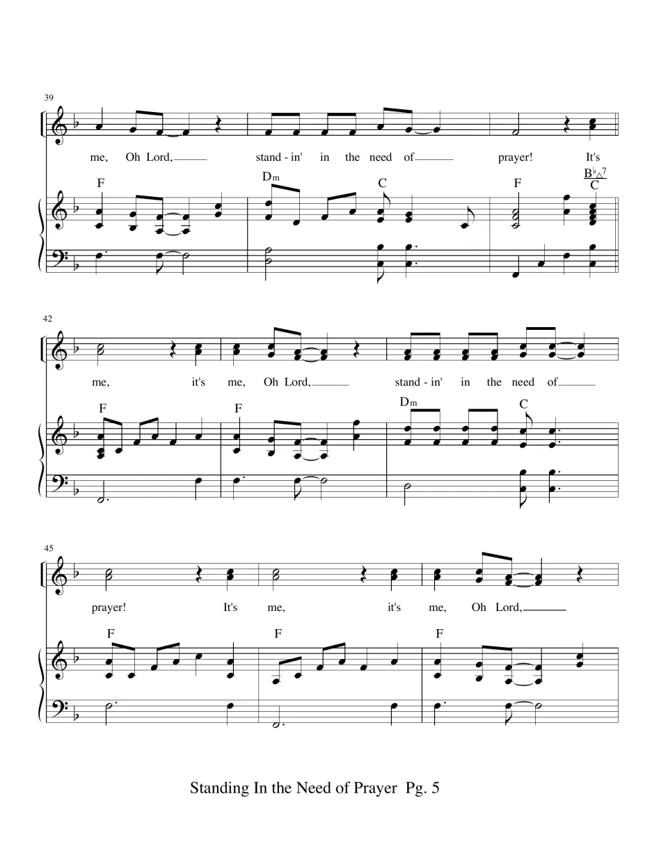Measures 39-47: the vocal line splits into two-note harmony on the repeated "It's me, it's me, Oh Lord" refrain
