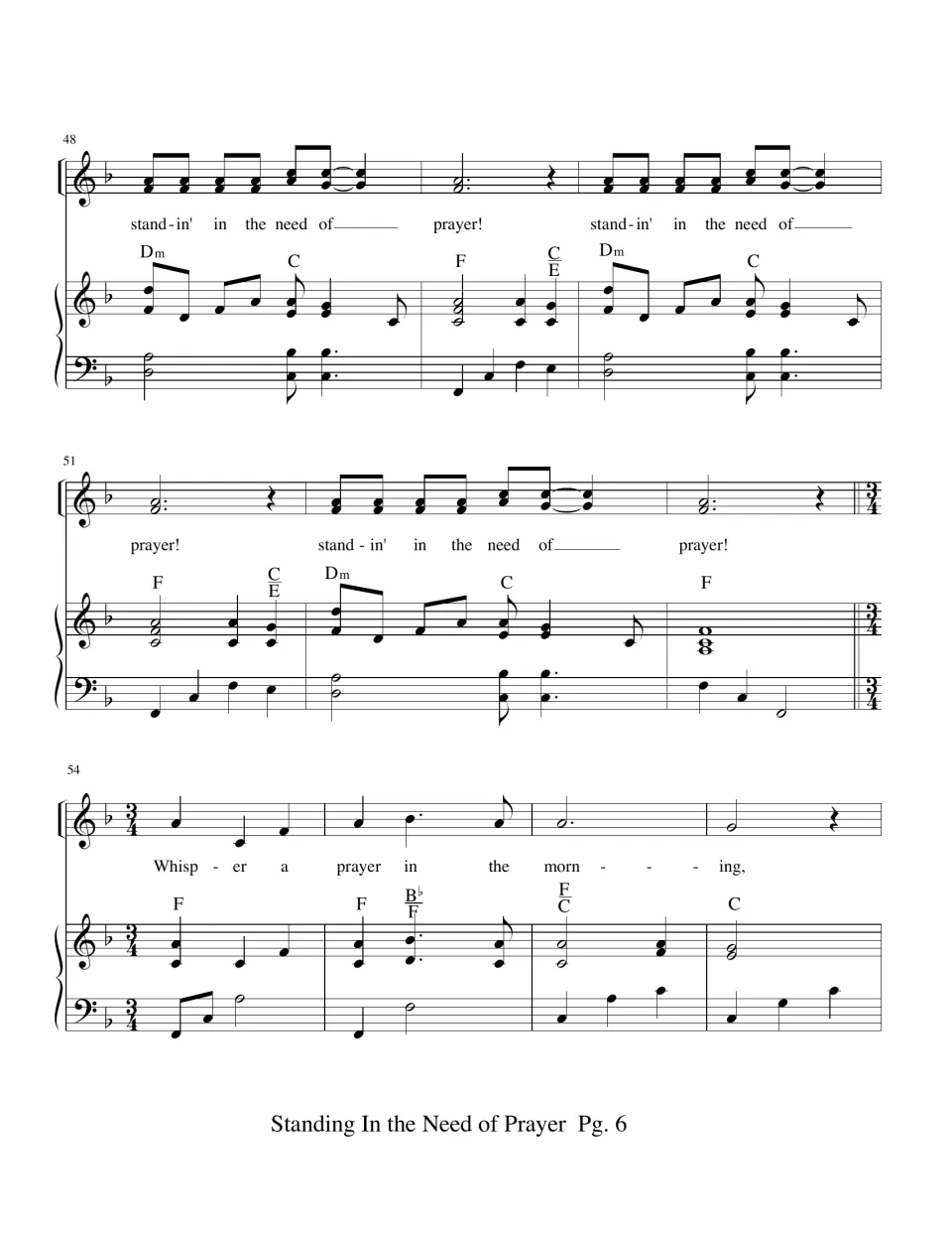 Measures 48-57: last "standin' in the need of prayer" repeats, then 3/4 time begins with "Whisper a prayer"