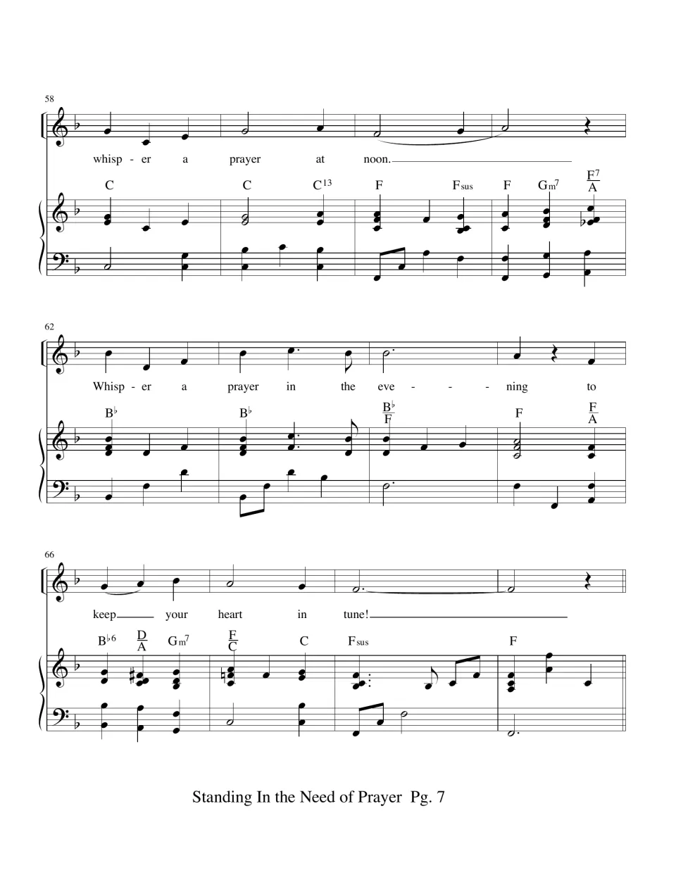 Measures 58-69 in 3/4 time: lyrics "whisper a prayer at noon" and "in the evening to keep your heart in tune"