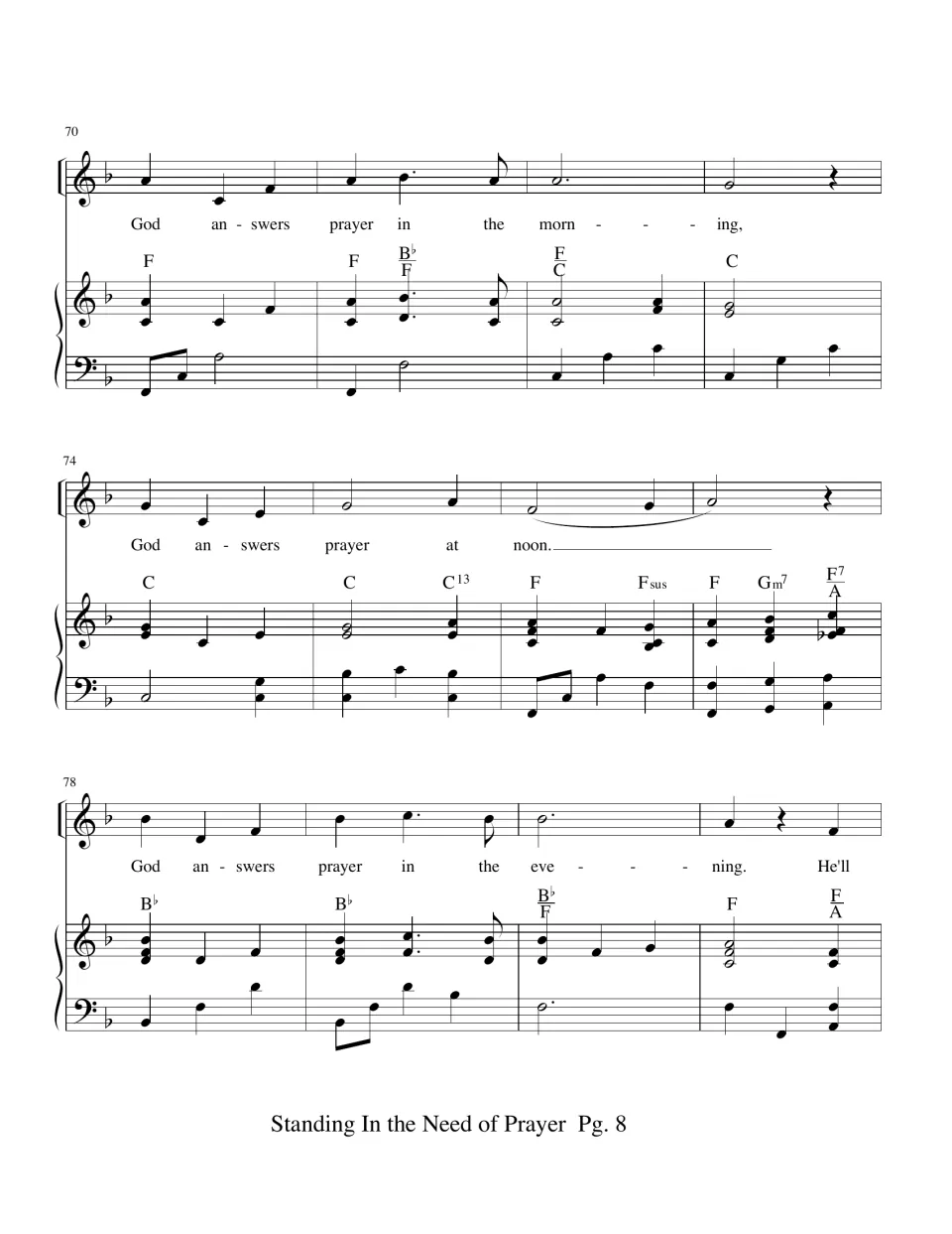Measures 70-81 in F major: second verse "God answers prayer in the morning, at noon, in the evening" with piano chords