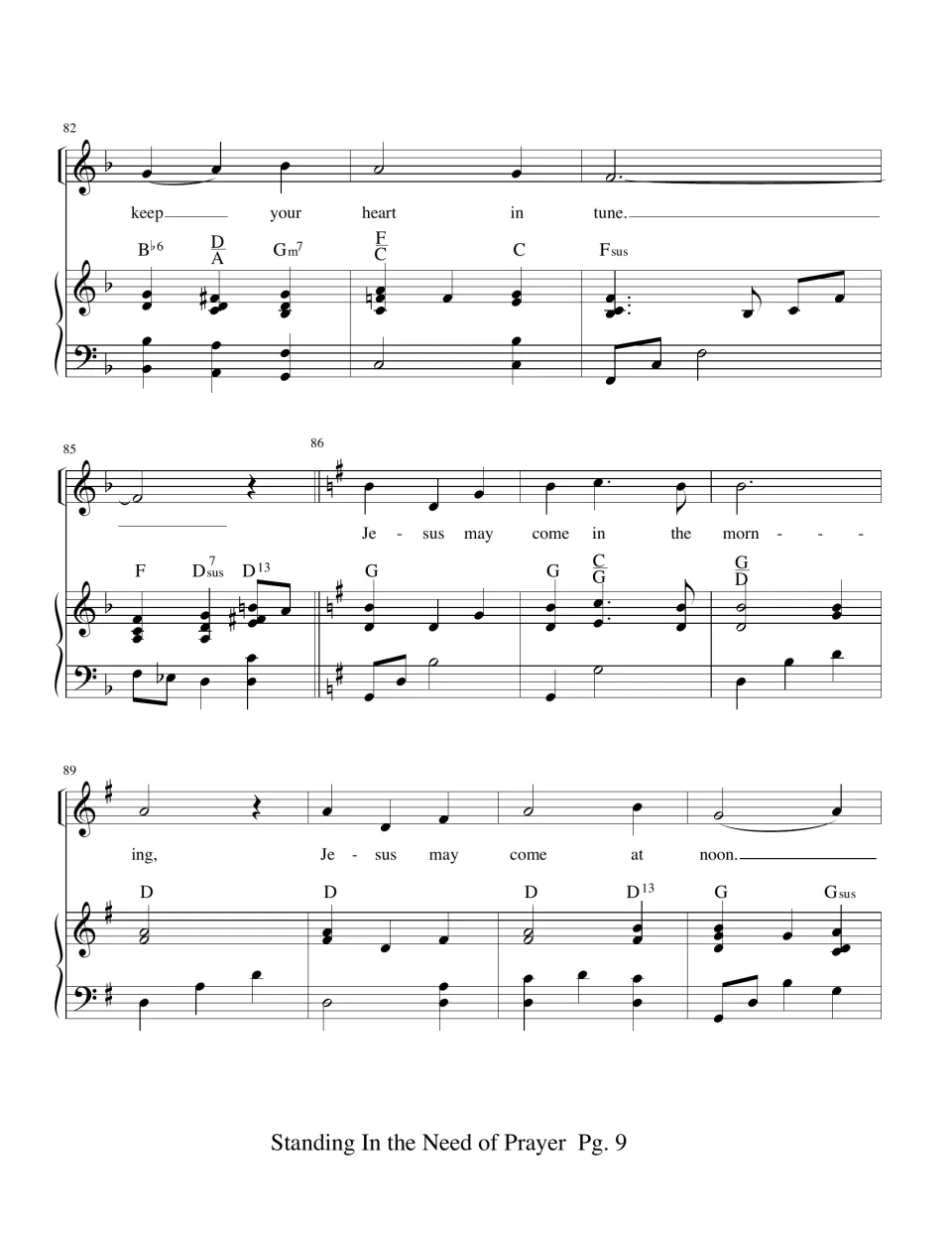 Measures 82-92: "keep your heart in tune" ends in F; key changes to G for "Jesus may come in the morning, at noon"