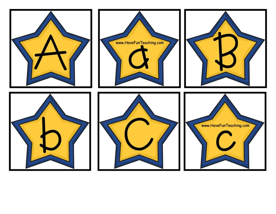 Alphabet matching cards 1–6 of 52: uppercase and lowercase A, B, and C for matching letter pairs.