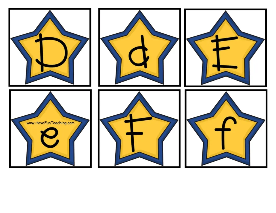 Alphabet matching cards 7–12 of 52: uppercase and lowercase D, E, and F for matching letter pairs.