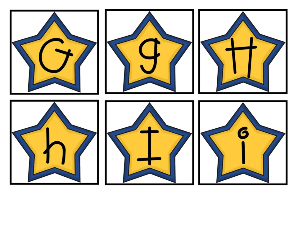 Alphabet matching cards 13–18 of 52: uppercase and lowercase G, H, and I for matching letter pairs.