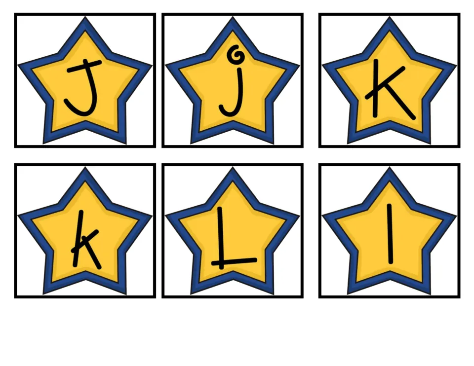 Alphabet matching cards 19–24 of 52: uppercase and lowercase J, K, and L for matching letter pairs.