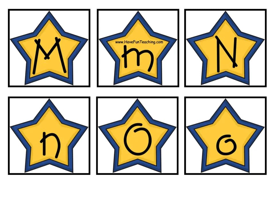Alphabet matching cards 25–30 of 52: uppercase and lowercase M, N, and O for matching letter pairs.