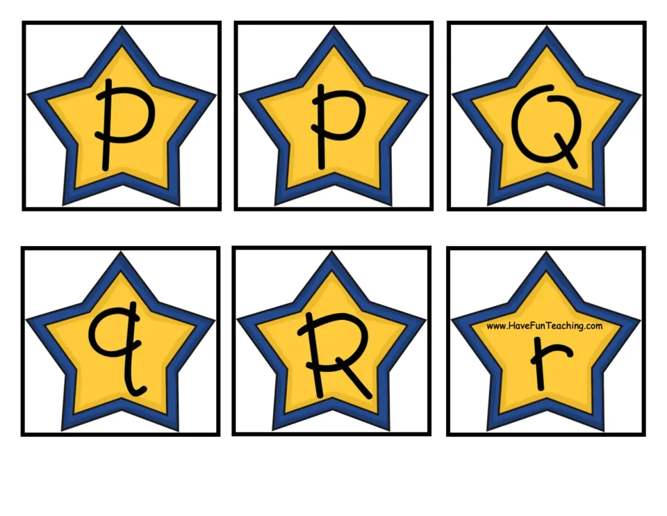 Alphabet matching cards 31–36 of 52: uppercase and lowercase P, Q, and R for matching letter pairs.