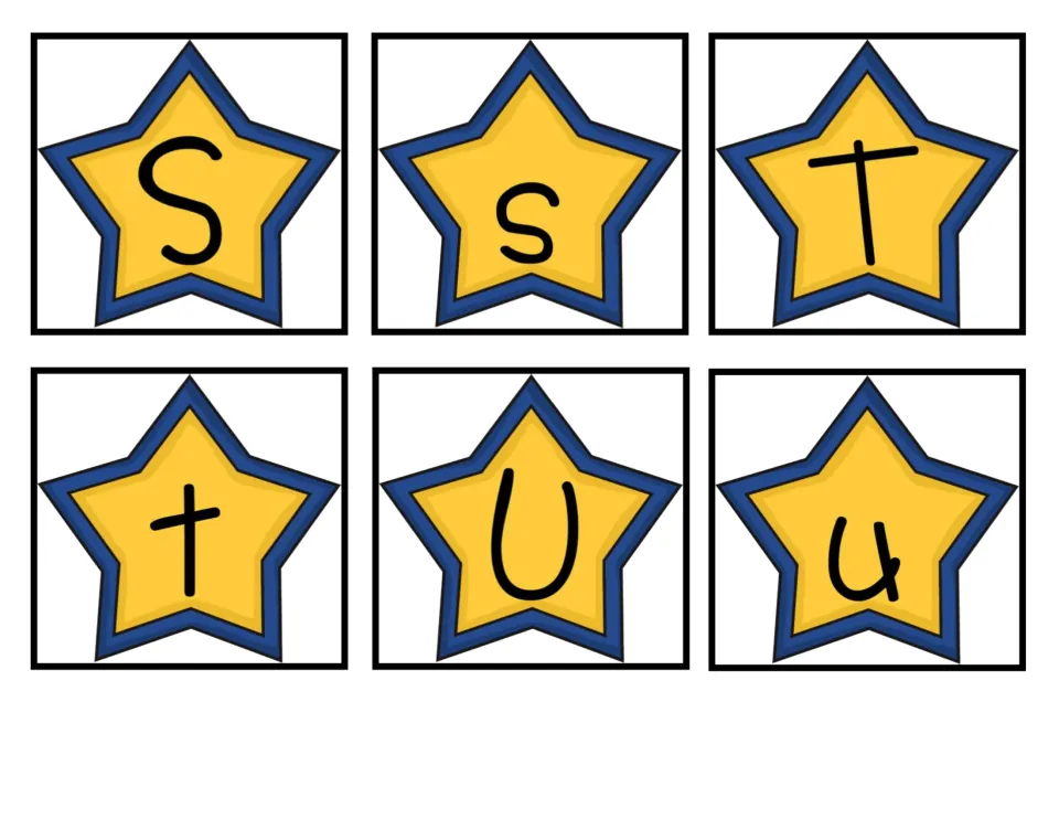 Alphabet matching cards 37–42 of 52: uppercase and lowercase S, T, and U for matching letter pairs.