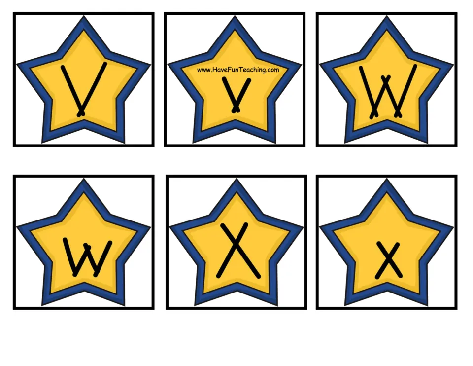 Alphabet matching cards 43–48 of 52: uppercase and lowercase V, W, and X for matching letter pairs.