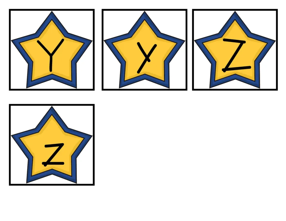 Alphabet matching cards 49–52 of 52: uppercase and lowercase Y and Z complete the letter matching set.