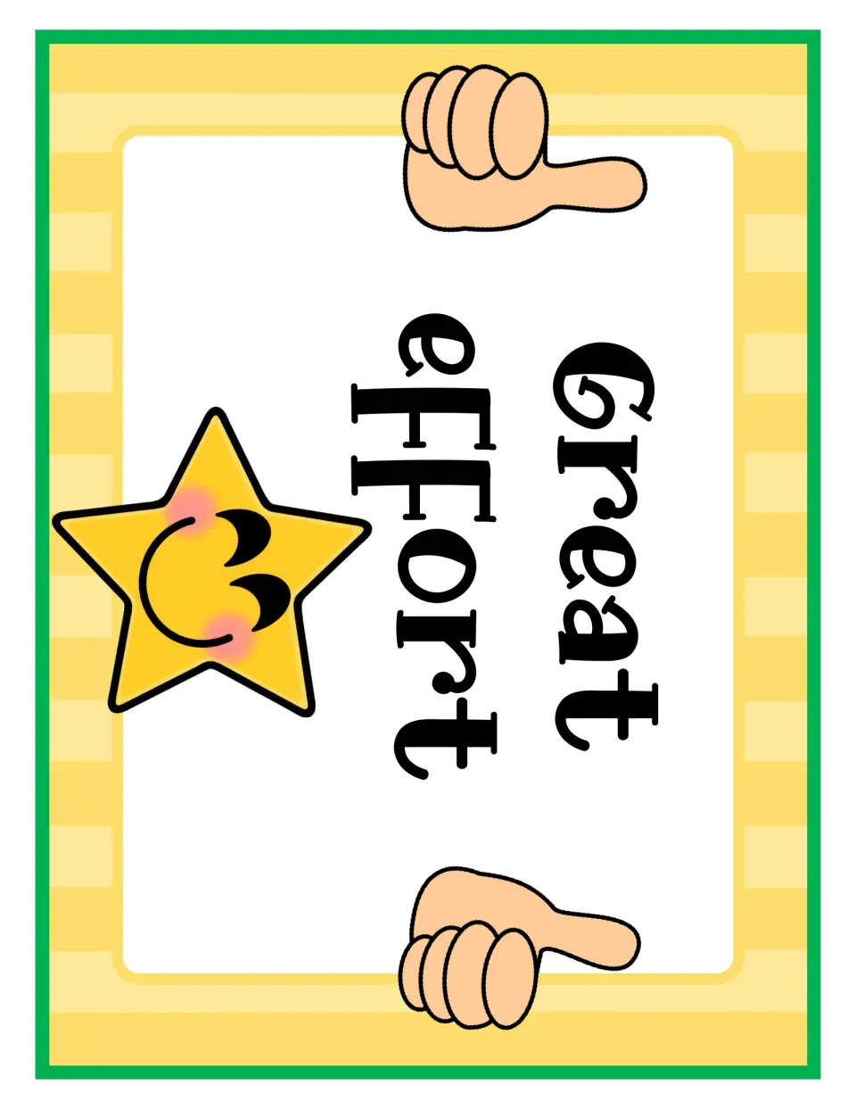 Great effort behavior card: second clip chart level, showing a blushing smiling star and two thumbs-up hands