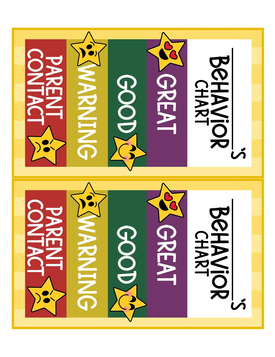 Two individual student behavior charts with a name line and levels Great, Good, Warning and Parent Contact