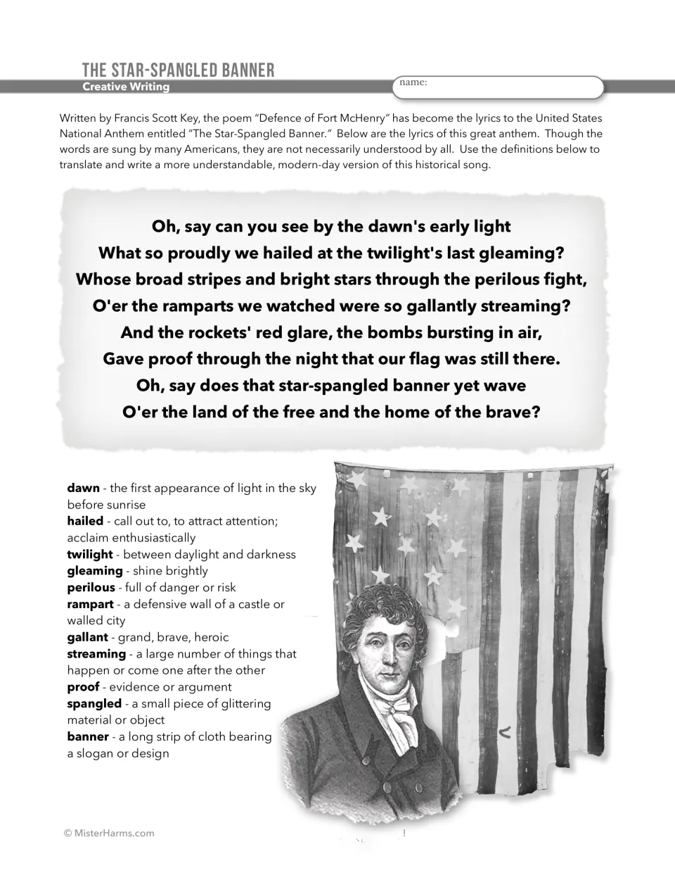 First anthem verse with an 11-word glossary (rampart, perilous, gallant) students use to translate it into modern words