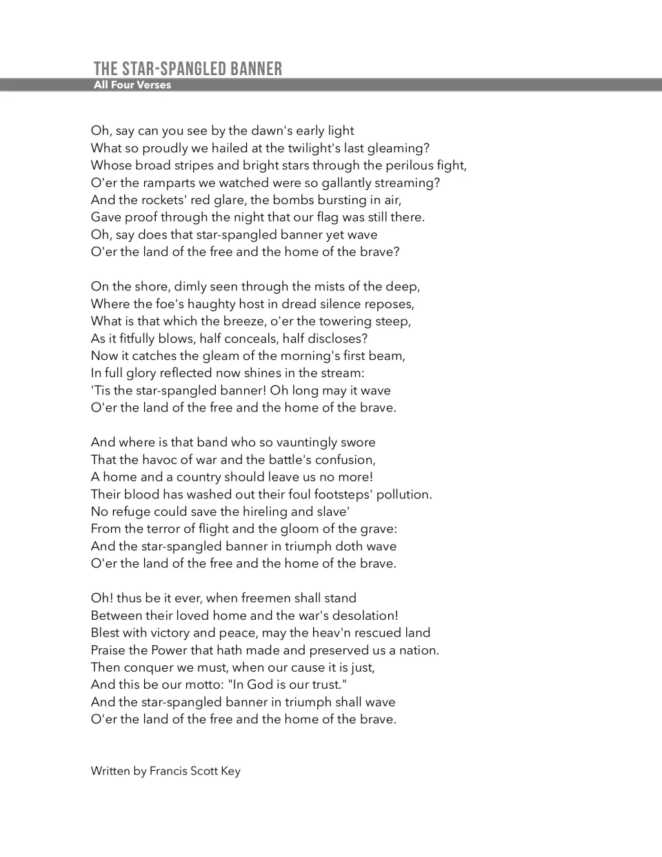 All four verses of The Star-Spangled Banner by Francis Scott Key, printed in full so students can read past verse one