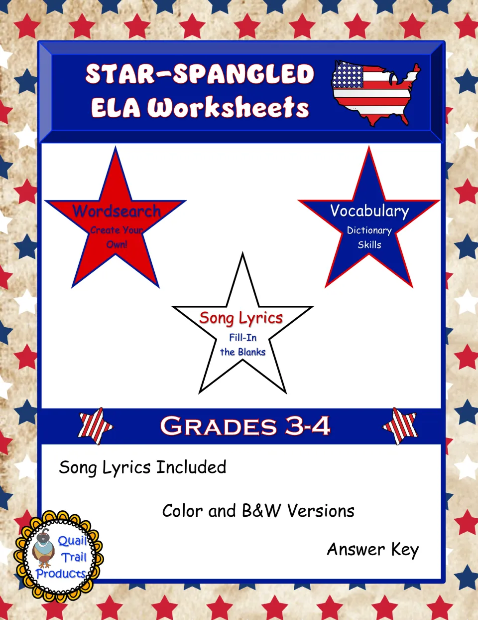 Star-Spangled ELA Worksheets cover for Grades 3-4: wordsearch, vocabulary dictionary skills and song lyrics fill-in