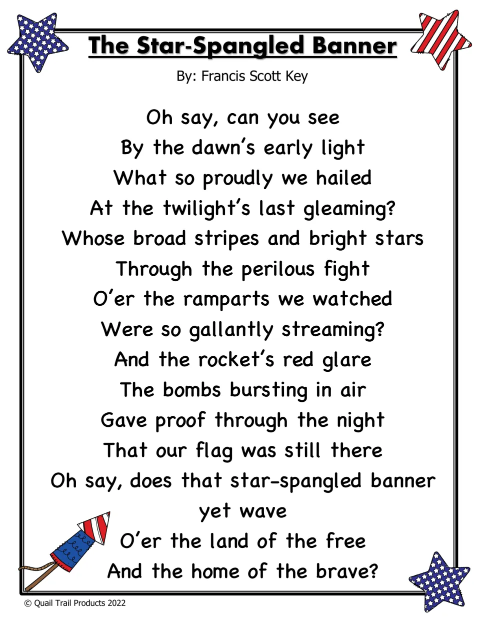 Lyrics of The Star-Spangled Banner by Francis Scott Key, printed in full in color as a reference text for students