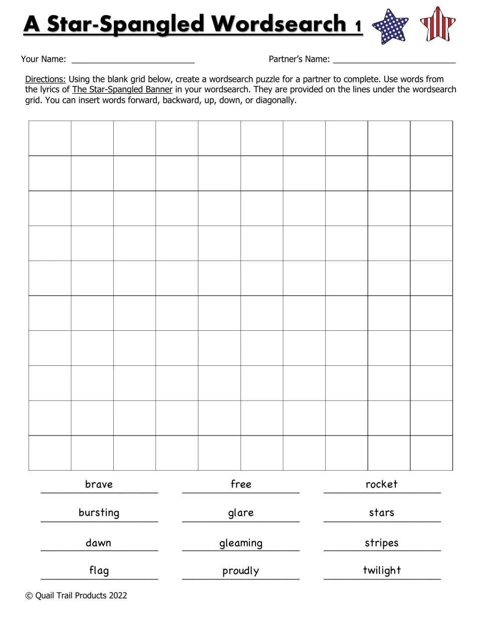 Wordsearch 1: students build a puzzle for a partner using 12 lyric words such as brave, flag and twilight listed below