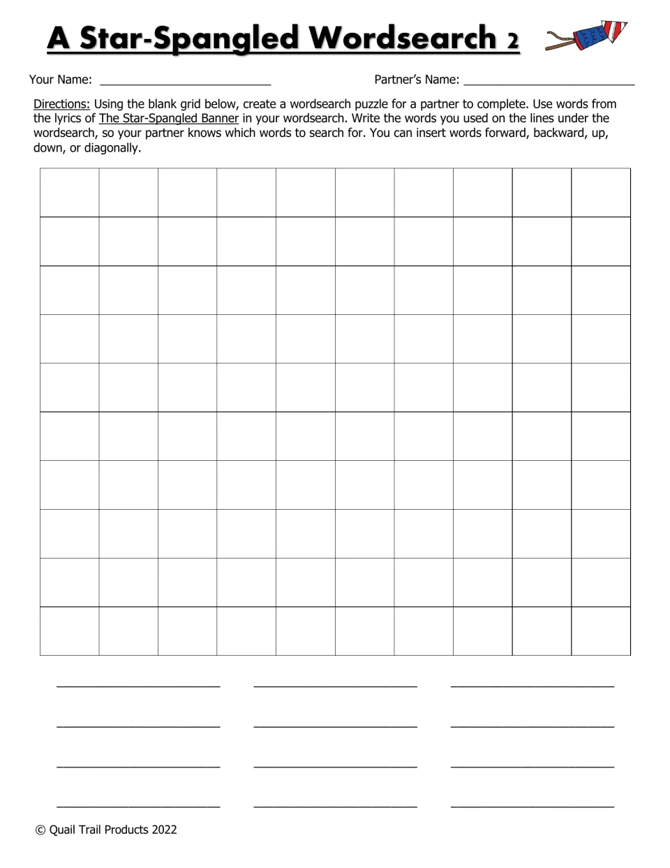 Wordsearch 2: students create their own puzzle from song lyric words and write the words they hid on the lines below