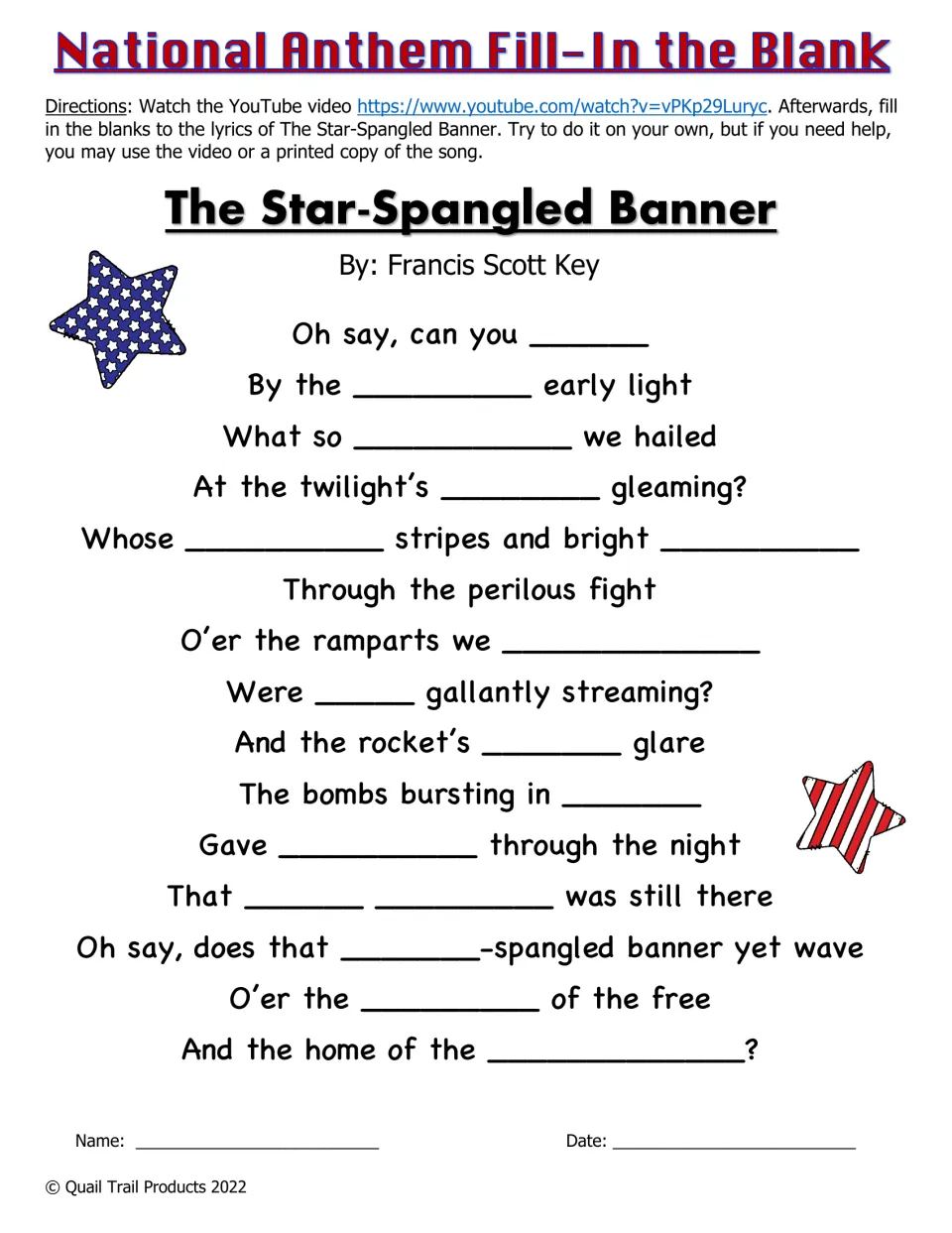 National Anthem fill-in-the-blank: students watch a video, then complete the missing words in the song's lyrics