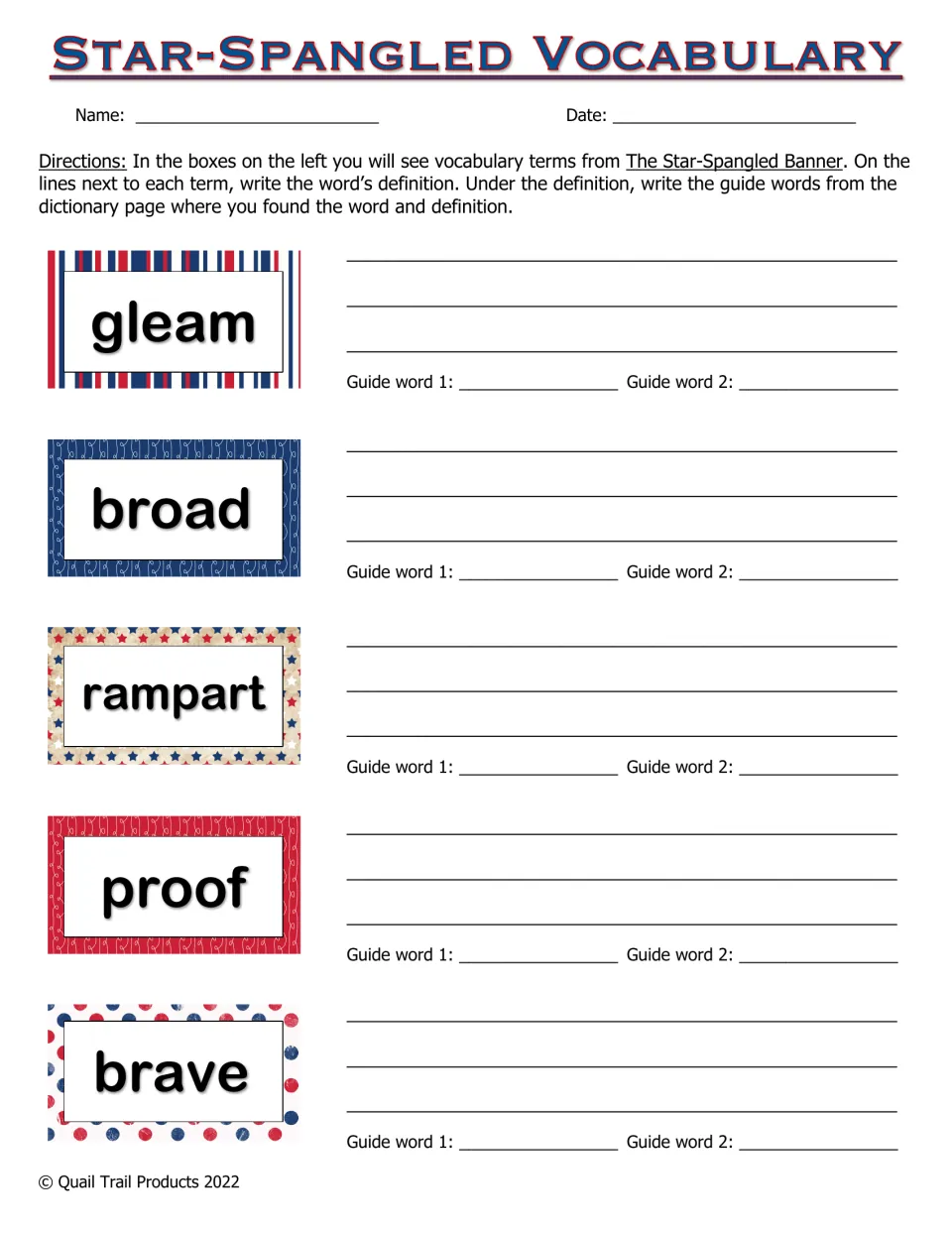 Vocabulary dictionary skills: students define gleam, broad, rampart, proof and brave and record each entry's guide words