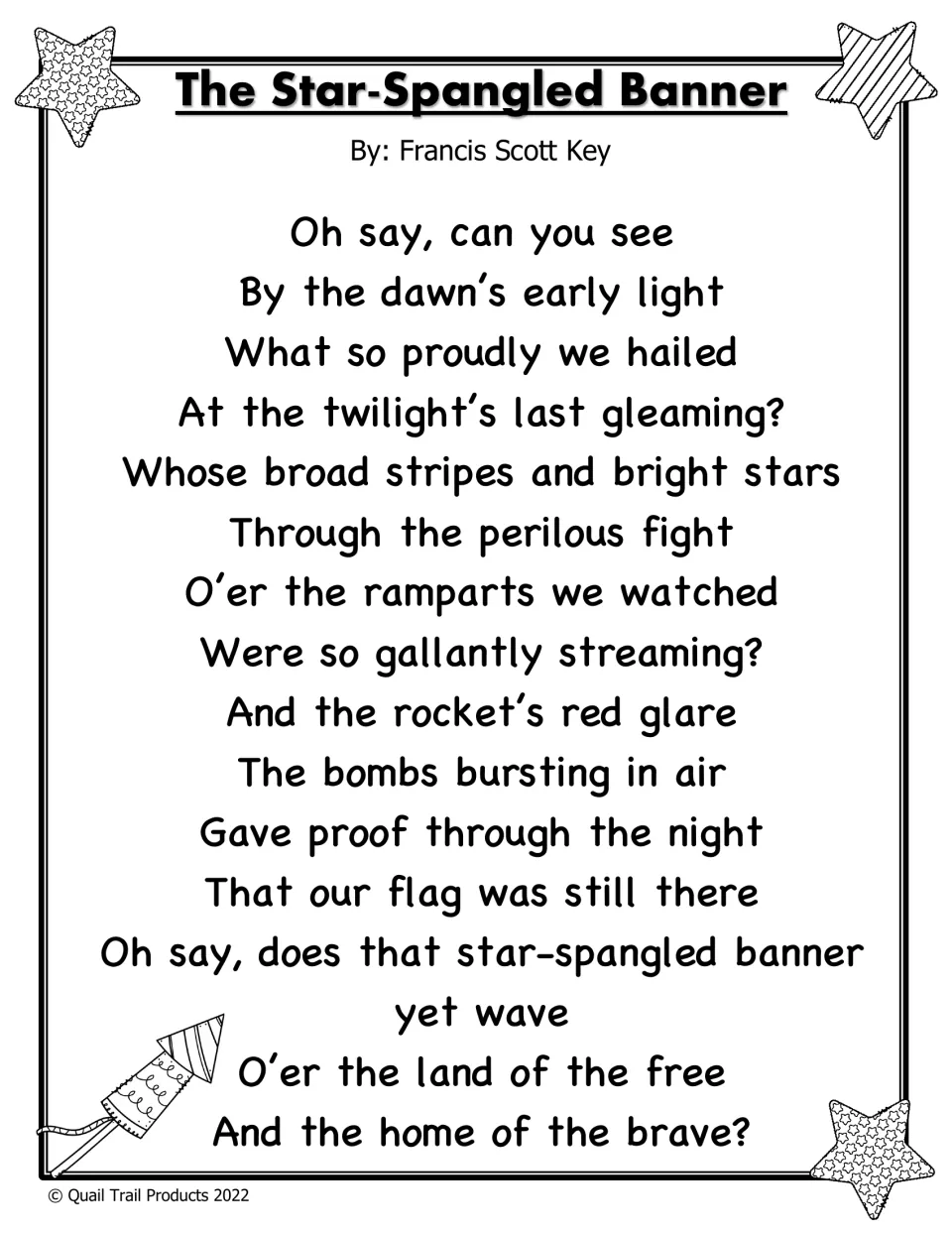 Black-and-white lyrics of The Star-Spangled Banner by Francis Scott Key, written out in full for students to read