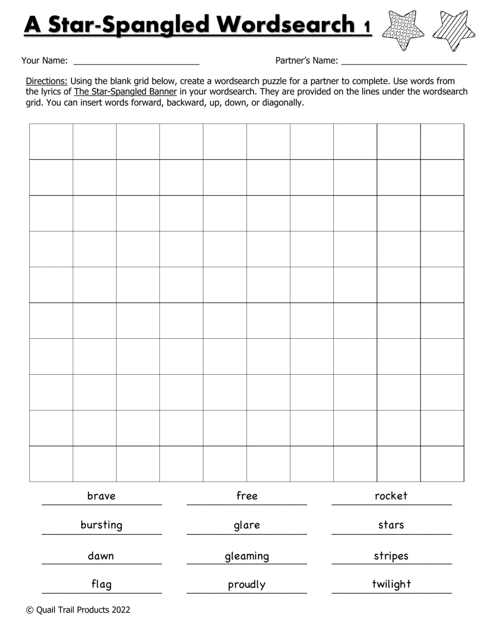 Black-and-white Wordsearch 1: students make a puzzle for a partner using the 12 listed lyric words, from brave to twilight