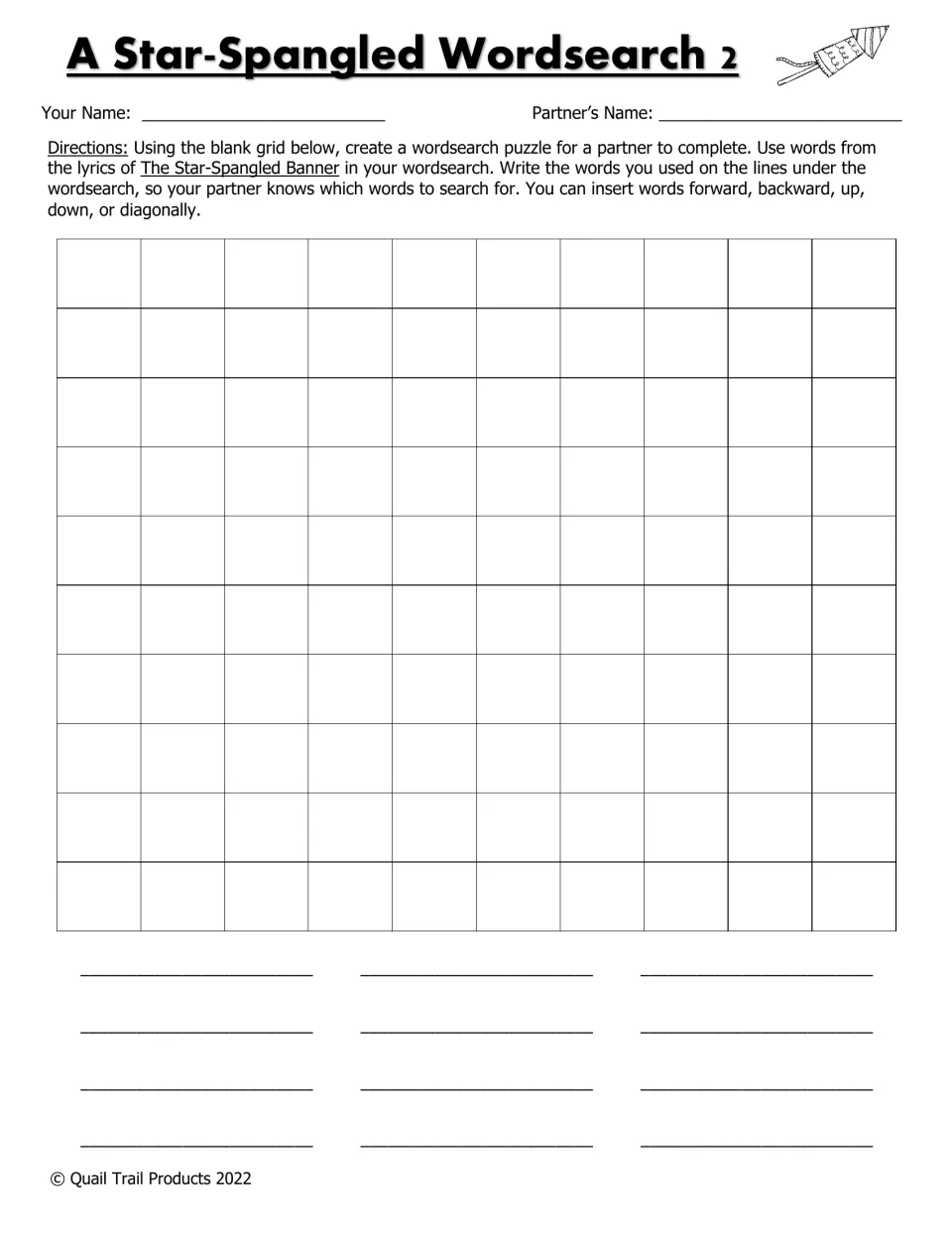 Black-and-white Wordsearch 2: students design a puzzle from lyric words of their choice and list the hidden words below