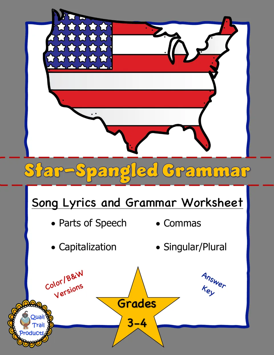 Star-Spangled Grammar cover: song lyrics and grammar worksheet on parts of speech, commas, capitalization and plurals