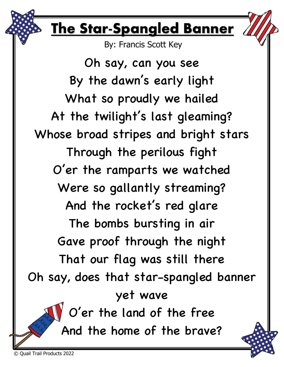 The Star-Spangled Banner lyrics by Francis Scott Key, first verse in large print for students to read before the questions