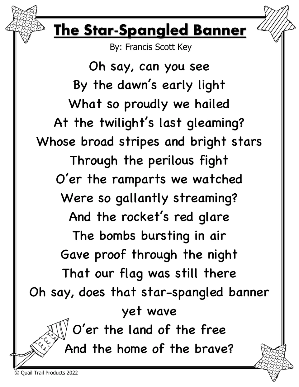 Black-and-white lyric page of The Star-Spangled Banner first verse by Francis Scott Key with outlined star and rocket art